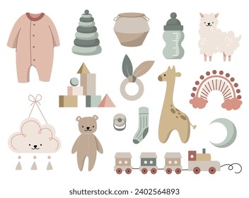 Boho baby clipart set for girls and boys. Cartoon collection with animal wooden toys decor for cute bedroom clothes vector isolated on white. Kids decoration concept learning Montessori equipment