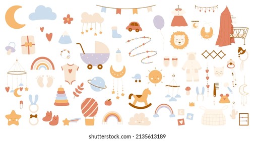 Boho baby clipart set para niños y niñas recién nacidos. Vivero de caricatura colección bohemia simple con decoración de juguetes animales para dormitorio lindo, cuna y ropa aislada en blanco. Concepto de decoración infantil