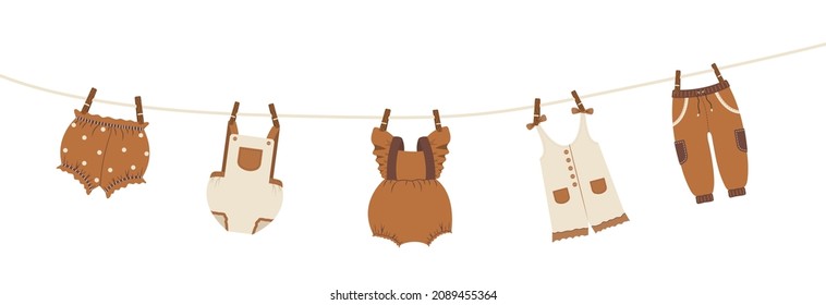 Boho Baby Clothes Dried On A Rope. Cute Beige Knickers After Washing. Bohemian Kids Wardrobe. Vintage Vector Illustration In Flat Cartoon Style.