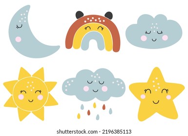 Boho baby collection, sun, star, cloud, rainbow set, printable baby vector set, child elements