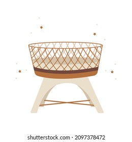 Boho baby cradle. Hand drawn scandinavian wooden cot for newborn isolated on white background. Vector illustration in flat cartoon style.