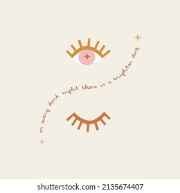 Boho baby cut outs childish mystic evil eye vector illustration. For every dark night there is a brighter day phrase. Esoteric poster with inspirational quote for nursery decor and kids fashion.