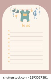 Boho baby daily planner. To do list with hanging childrens clothes. Planning and setting goals. Time management and organization of effective educational process. Cartoon flat vector illustration