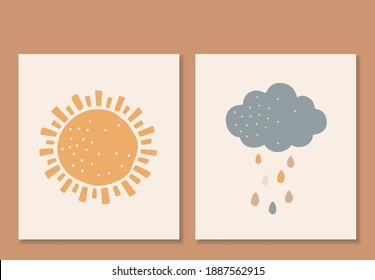 Boho baby elements, abstrcat sun and clouds, cute baby vector, boho kids print