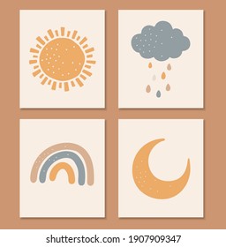 Boho baby elements, abstrcat sun, moon, rainbow and cloud, cute baby vector, boho kids print, isolated elements, boho set, vector illustration