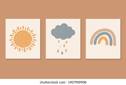 Boho baby elements, abstrcat sun, rainbow and cloud, cute baby vector, boho kids print, isolated elements, boho set, vector illustration