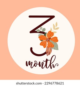 Boho baby first year Milestone cards with flowers. Today I am three month old. Flat vector digit 3 with a botanical bouquet. Cute cartoon floral nursery print. Hand-drawn number for kids party. 