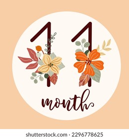 Boho Baby erste Jahr Milestone Karten mit Blumen. Heute bin ich elf Monate alt. Flache Vektorziffer 11 mit einem botanischen Bouquet. Cute Cartoon Blumengarten Druck. Handgezeichnete Nummer für Kinderfeiern. 