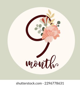 Boho baby first year Milestone cards with flowers. Today I am nine month old. Flat vector digit 9 with a botanical bouquet. Cute cartoon floral nursery print. Hand-drawn number for kids party. 