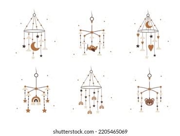 Boho baby mobile collection. Hand drawn scandinavian hanging toys for newborn isolated on white background. Vector illustration in flat cartoon style.