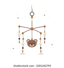 Boho Baby Mobile With Cute Bear. Hand Drawn Scandinavian Hanging Crib For Newborn Isolated On White Background. Vector Illustration In Flat Cartoon Style.