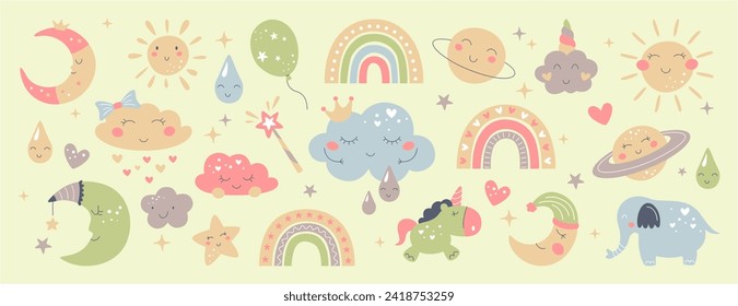 Elementos de la guardería para bebés Boho. Colección celestial a mano con adorable arco iris, luna, sol, nube, lluvia, animales y globo. Nacido para recién nacidos con estrellas, planetas. Decoración para el dormitorio o la ducha para bebés.