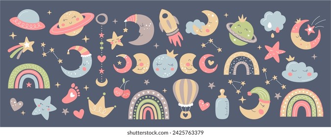 Boho baby nursery elements. Hand drawn celestial collection with cute rainbow, moon, clouds, balloon, rocket, hearts and baby footprint. Newborn decoration with stars and planets for bedroom.