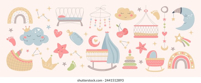 Boho baby objects in Scandinavian style. Nursery room decor with cute moon, clouds, stars, rainbow and cradle. Kids clipart set for newborn. Bohemian simple bohemian elements for bedroom interior.