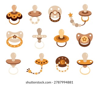 Boho baby pacifier clipart set in pastel colors. Newborn baby accessory, Kids soother image, Baby shower design, Nursery vector illustrations
