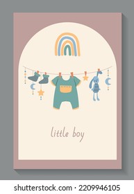 Boho baby poster. Childrens clothes hang on thread under rainbow. Dreams, imagination and fantasy. Toys, rabbit and moon with stars. Cover with inscription little boy. Cartoon flat vector illustration