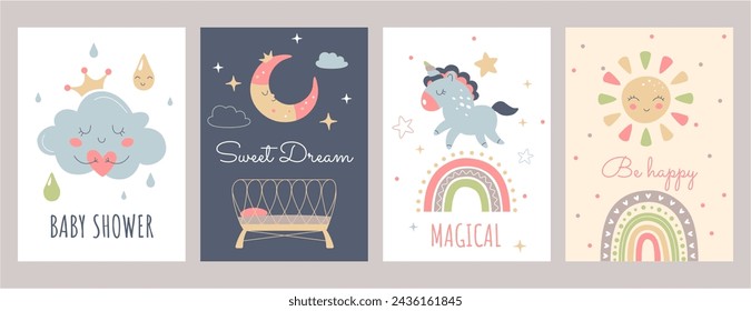 Boho baby posters in Scandinavian style. Baby shower templates with cute sun, rainbow, cloud, unicorn, cradle and moon. Bohemian nursery decor for kids room. Print wall art with hand lettering quotes.