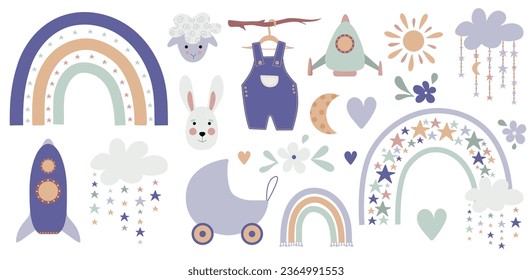 Boho baby rainbow clipart. Boho color rainbow, animals and baby elements for your kids project - Shutterstock ID 2364991553