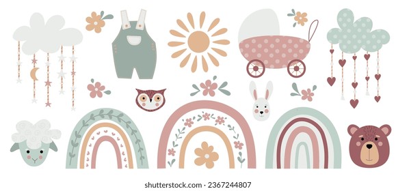 Boho baby rainbow clipart. Boho color rainbow, animals and baby elements for your project