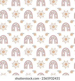 Boho baby rainbow seamless pattern. Boho color rainbow background for your project