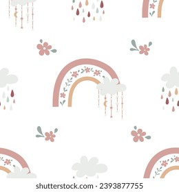 Boho baby rainbow seamless pattern. Boho color rainbow background for your project