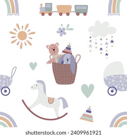 Boho baby rainbow seamless pattern. Boho color rainbow background for your project.