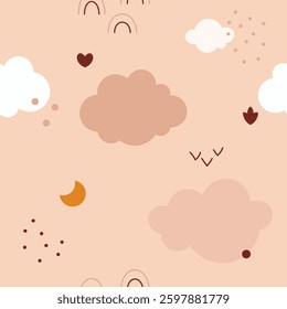 Boho baby seamless pattern with clouds moon heart star.