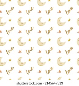Patrón sin costuras Boho, diseño vectorial lindo para tela, invitación, textil.  elementos pastel, luna, estrella. Antecedentes en la guardería para bebés