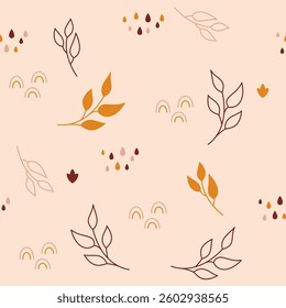 Boho baby seamless pattern with leaves rainbows drops.