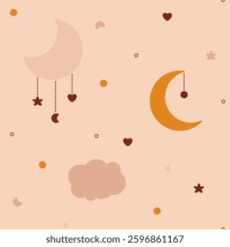 Boho baby seamless pattern with moon heart star crescent.