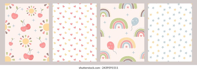 Boho baby seamless pattern with rainbow, star, heart, balloons, cute sun and cherry. Hand drawn bohemian nursery design for kids bedroom in scandinavian style. Childish wall art decor for newborn.