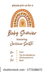 Boho Baby Shower Invitation Template With Cute Pastel Rainbow. Gender Neutral Baby Shower Invite