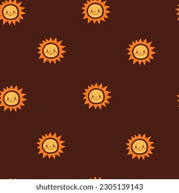 Boho baby sunshine seamless pattern. Childish endless background with cute smiling suns. Repeat vector illustration with dark backdrop