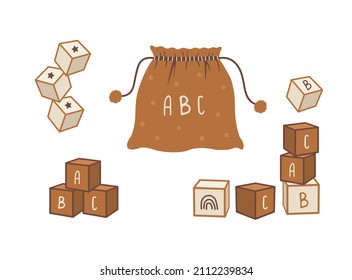 Boho baby wooden alphabet cubes. Hand drawn scandinavian element for newborn isolated on white background. Vector illustration in flat cartoon style.