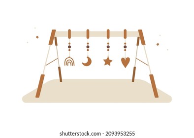 Boho baby wooden play gym. Hand drawn scandinavian element for newborn isolated on white background. Vector illustration in flat cartoon style.