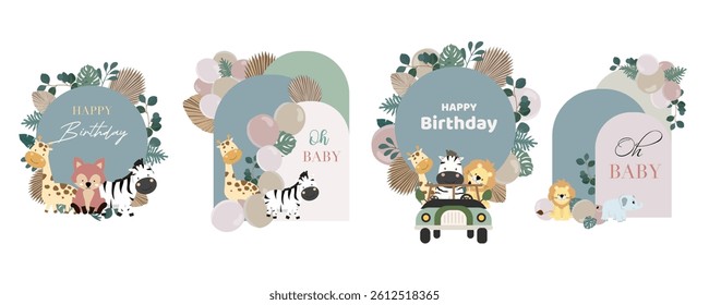 Boho backdrop element object with balloons and paper palm leaves