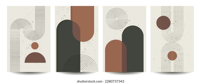 Antecedentes de Boho. Resumen de arcos bohemios y formas geométricas, afiches modernos para la decoración interior. Estilo minimalista, colores naturales, banner vertical, portada o publicaciones en medios sociales. Ilustración del vector