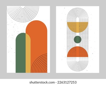 Antecedentes de Boho. Resumen de arco bohemio, formas geométricas, afiches modernos para la decoración interior. Estilo minimalista, colores brillantes en el verano banner, portada o publicación en medios sociales. Ilustración de estilo hippie vectorial