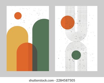 Boho background. Abstract bohemian arch,geometric shapes, modern posters for interior decor. Minimalist style, bright summer colors banner, cover or social media post. Vector hippie style illustration