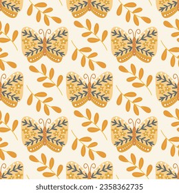 Boho background with butterflies vector illustration. Botanical seamless pattern with moths and foliage. Autumn nature print for textile, wallpaper, paper and design, vector illustration