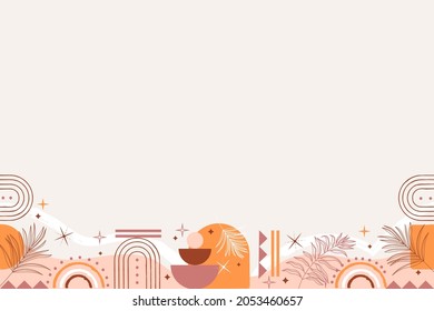 Boho background. Ethnic modern wallpaper. Magic, mystic, esoteric, tribal pattern paper graphic design. Spiritual decoration. Boho fabric fashion print decor. Astrology poster. Vector illustration.