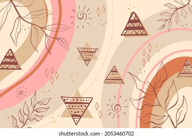 Boho background. Ethnic modern wallpaper. Magic, mystic, esoteric, tribal pattern paper graphic design. Spiritual decoration. Boho fabric fashion print decor. Astrology poster. Vector illustration.
