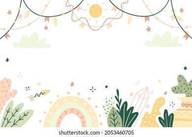 Boho background. Ethnic modern wallpaper. Magic, mystic, esoteric, tribal pattern paper graphic design. Spiritual decoration. Boho fabric fashion print decor. Astrology poster. Vector illustration.