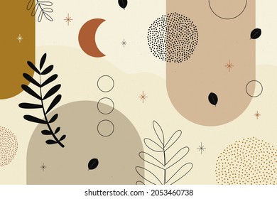 Boho background. Ethnic modern wallpaper. Magic, mystic, esoteric, tribal pattern paper graphic design. Spiritual decoration. Boho fabric fashion print decor. Astrology poster. Vector illustration.