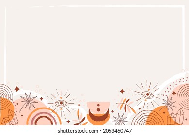 Boho background. Ethnic modern wallpaper. Magic, mystic, esoteric, tribal pattern paper graphic design. Spiritual decoration. Boho fabric fashion print decor. Astrology poster. Vector illustration.