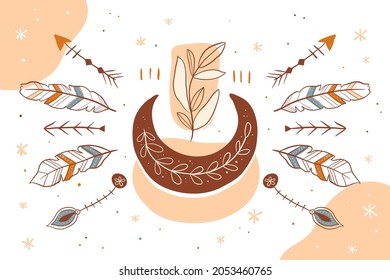 Boho background. Ethnic modern wallpaper. Magic, mystic, esoteric, tribal pattern paper graphic design. Spiritual decoration. Boho fabric fashion print decor. Astrology poster. Vector illustration.