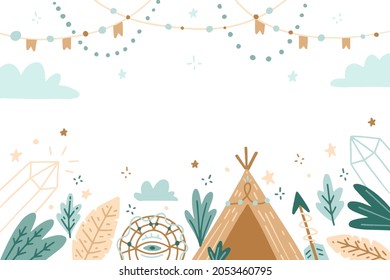 Boho background. Ethnic modern wallpaper. Magic, mystic, esoteric, tribal pattern paper graphic design. Spiritual decoration. Boho fabric fashion print decor. Astrology poster. Vector illustration.