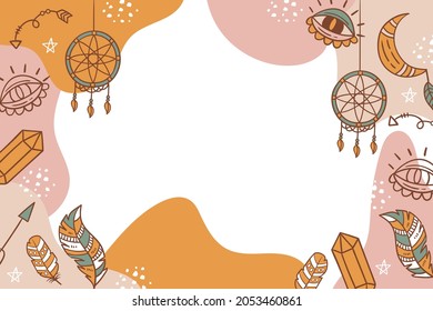 Boho background. Ethnic modern wallpaper. Magic, mystic, esoteric, tribal pattern paper graphic design. Spiritual decoration. Boho fabric fashion print decor. Astrology poster. Vector illustration.