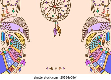 Boho background. Ethnic modern wallpaper. Magic, mystic, esoteric, tribal pattern paper graphic design. Spiritual decoration. Boho fabric fashion print decor. Astrology poster. Vector illustration.