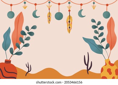 Boho background. Ethnic modern wallpaper. Magic, mystic, esoteric, tribal pattern paper graphic design. Spiritual decoration. Boho fabric fashion print decor. Astrology poster. Vector illustration.